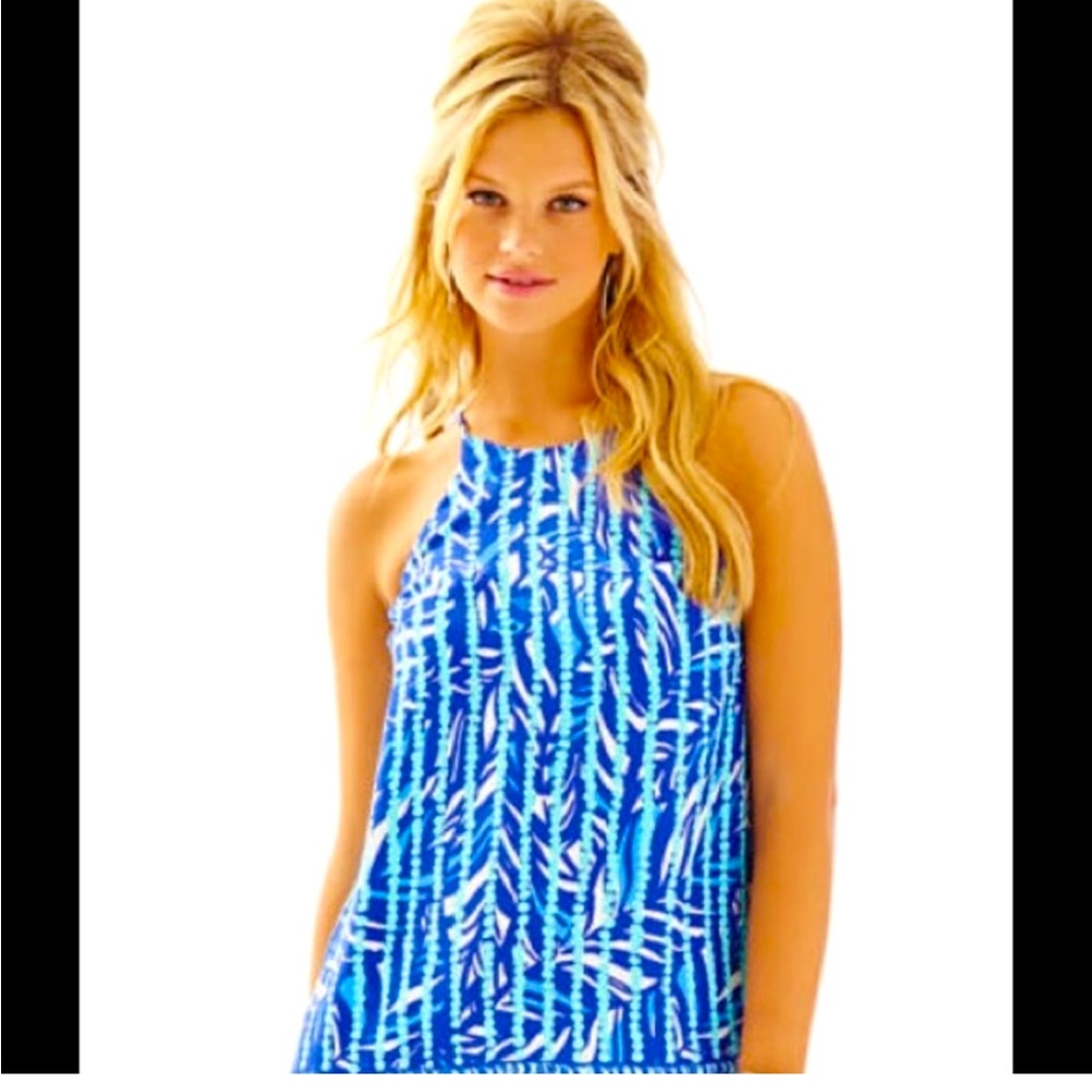 Lilly Pulitzer silk Samba Halter Tank Top Size M Blue, Teal, White EUC!